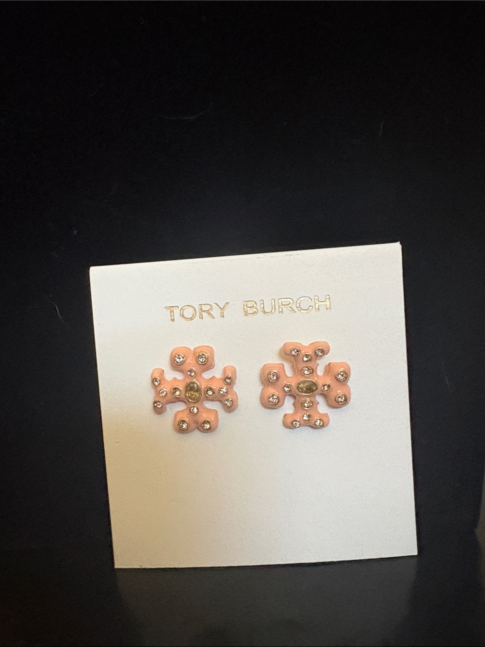 Tory Burch Pink Enamel Logo Stud Earrings with Crystal Accents